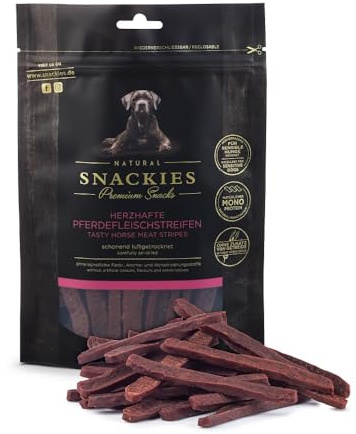 SNACKIES 16er-Pack (à 170g) Hundeleckerli Pferdefleischstreifen Premium Snacks für Hunde ohne Zusatz von Getreide, Zucker, Farb-, Aroma- und Konservierungsstoffe, luftgetrocknete Leckerli