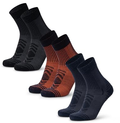 DANISH ENDURANCE Calze Trekking Leggere in Lana Merino, Anti-Vesciche, da Uomo, Donna, Bambino, 3 Paia, Multicolore (1xBlu Navy/Arancione, 1xNero, 1xBlu Navy), 39-42