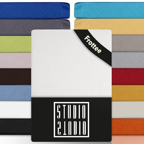 STUDIO Basic Frottee Spannbettlaken 160x200cm – weiches Frottee-Spannbetttuch aus 80 % Baumwolle & 20 % Polyester – Weiß – Öko-Tex Zertifiziert, bügelfrei & elastisch – für Matratzen 15–25cm