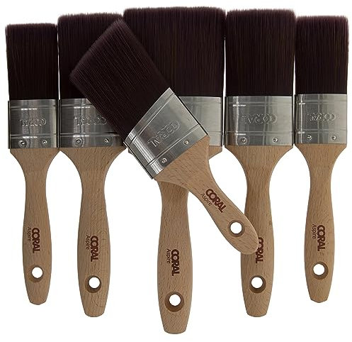 Coral 31749 Aspire 6 Piece Paint Brush Set Professional Firm Straight Cut Oval Profile for Fast Accurate Ultra-Smooth Finish with Trade Emulsion Gloss FSC Wood 2X 1.5, 2X 2, 3, 2 Angled Stubby