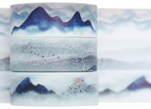 KAVI' S Cute Printed Washi Tape 3 Rolls Japanese-Style Masking Tape Set Decorative for Arts, DIY Crafts, Journal Supplies, Planners, Scrapbook, Card/Gift Wrapping (Mountain Landscape)