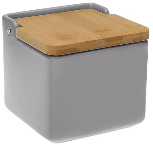 TIENDA EURASIA - Salero de Cocina de Cerámica | Color Gris | Tapa Abatible de Bambú | Medida 12 x 12 x 11 cm | Saleros Originales