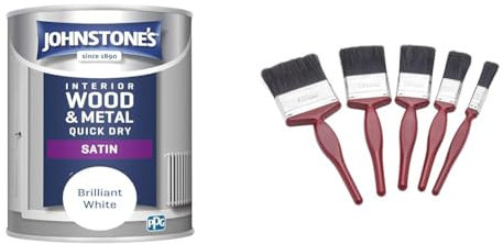 Johnstone's - Quick Dry Satin - Brilliant White - Satin Finish - Water Based & Fit For The Job 5 pc Mixed Sizes Paint Brush Set for a Smooth Finish with Emulsion, Gloss