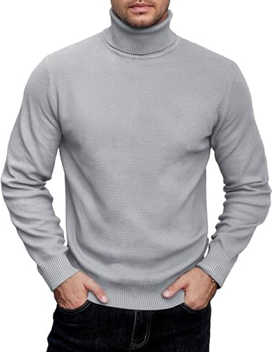 COOFANDY Maglione da uomo a collo alto, maglione lavorato a maglia a costine, maglione a collo alto, maglione a maniche lunghe leggero maglieria business pullover da lavoro, Grigio chiaro, M