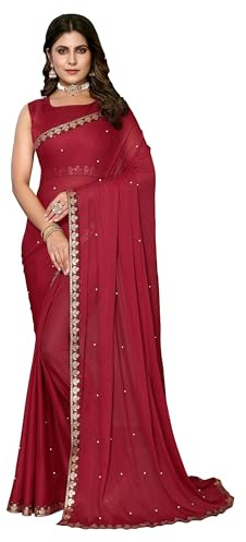 IMTRA FASHION Sari Per Donna In Georgette Di Seta Con Ricamo A Filo E Camicetta Non Cucita