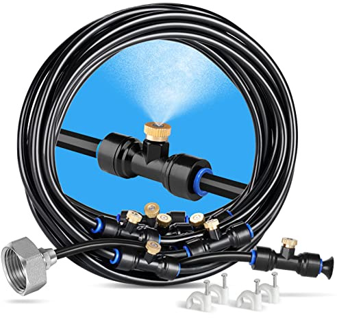 HIRALIY Sistema di Nebulizzazione Esterno, 8m Kit Nebulizzatore Acqua con 7 Ugelli in Ottone e Adattatore in Ottone 3/4, per Terrazzo Giardino Serra Animali