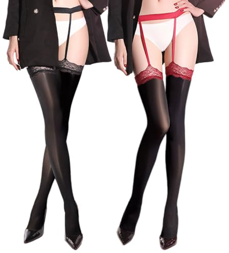 EMOTTOS Medias de Liga Para Mujer Medias 2 Piezas, Medias con Liguero Aceitoso, Medias Liguero Antideslizantes Sexys Frontera de Encaje Para, 8 DEN Talla Unica, Negro + Negro y Rojo