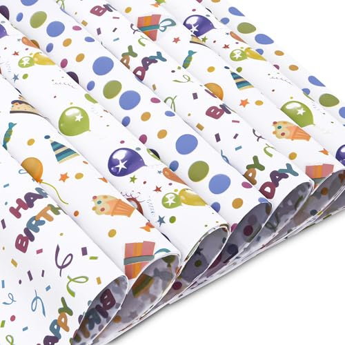Larcenciel 60 Hojas Papel Seda Colores Cumpleaños, Papel de Seda para Envolver con Motivos de Globos Lunares y Tarta, Embalaje Regalo Artístico para Cumpleaño, Baby Shower, Manualidades DIY, 50x35CM
