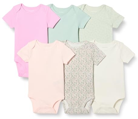 Amazon Essentials Unisex Toddlers' Baby Unisex 6-Pack Short-Sleeve Bodysuits, Pink/Floral, 6-9 Months