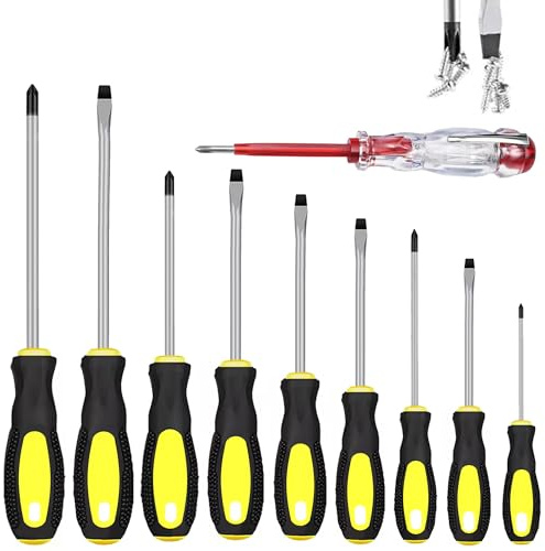 10Pcs Magnetic Screwdrivers Sets with Electrical Tester, Heavy Duty Non-Slip Insulated Handle Pozi Screwdriver, Flat Head Flat Blade Flared Phillips Cross Head Crosshead Point Screwdriver