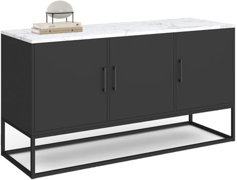 IDMarket - Buffet Bas 113 cm Alaska 3 Portes Noir Plateau Effet marbre Blanc