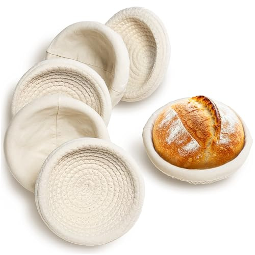 Mini cesta a prueba de pan de 5.5 pulgadas para masa madre – Juego de 6 cestas pequeñas de prueba, cuencos de masa de cuerda de algodón con forro de lino, ideal para rollos de cena, hornear y regalos