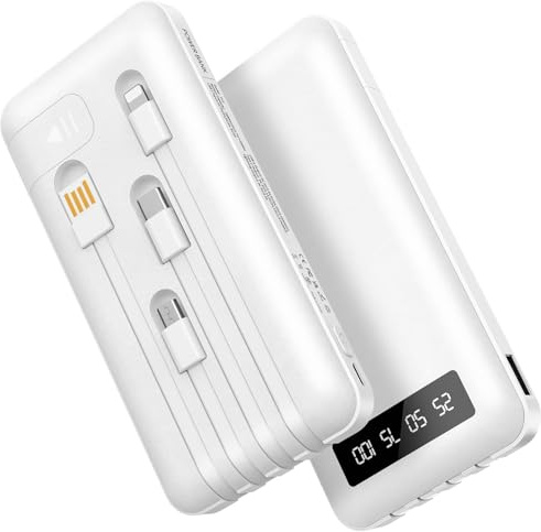 Powerbank 26800mAh mit 4 integrierten Kabel, 22.5W Power Bank USB C Schnellladefunktion mit LED Display & Halterung, Externe Handyakkus für iPhone 17/16/15/14/13/12/11 iPad Samsung Galaxy schneeweiß