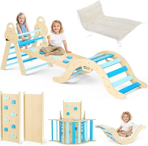 Krovtoy 7-in-1 Montessori Indoor Play Set, Indoor Climbing Triangle, Climbing Arch with Cushions, and Slide for Children for 1-3 Years (3-piece set - includes sponge cushion - blue)