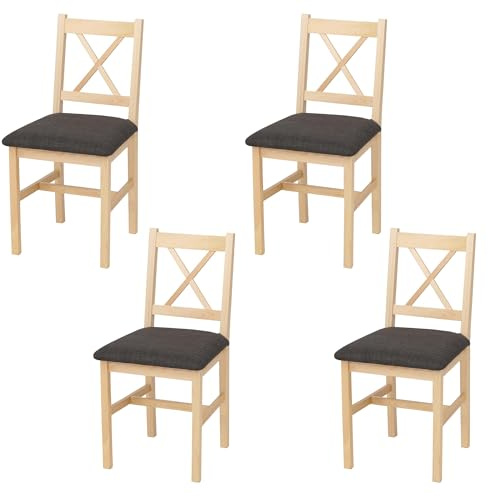 Mendler Juego de 4 sillas de comedor HWC-F77, sillas reclinables de cocina, sillas de madera maciza, tela rústica, color natural, tapizado en negro