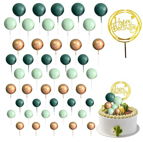 Décoration de Gâteau - Boules en Mousse Vertes et Dorées, 46 Pièces avec Joyeux Anniversaire pour Gâteau de Noël, Anniversaire et Mariage