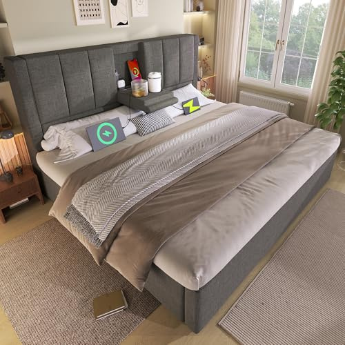 LAKFEW Cama 140x190 cm Camas Juveniles con Almacenamiento Hidráulico y Portavaso Oculto, Cama Matrimonio Tapizada con USB y Lamas de Madera, Estructura de Camas Matrimoniales, Lino, Gris, Sin Colchón