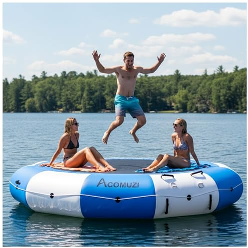 ACOMUZI Inflatable Water Trampoline for Lake Pool Ocean, 10FT/12FT/15FT Heavy Duty Floating Bounce Swim Platform with Ladder & Ropes, Inflatable Floating Dock for Family (NO Pump)