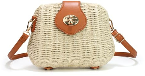 HuiYStar Handgeflochtene Rattantasche für Damen,gewebte Strohtasche,Umhängetasche, Vintage-Korbtasche, Sommer-Strandtasche