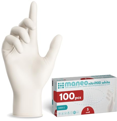maneo 100 guanti monouso bianchi taglia S, guanti in nitrile senza polvere e senza lattice, articoli in gomma monouso resistenti per pulizia, cucina e uso domestico