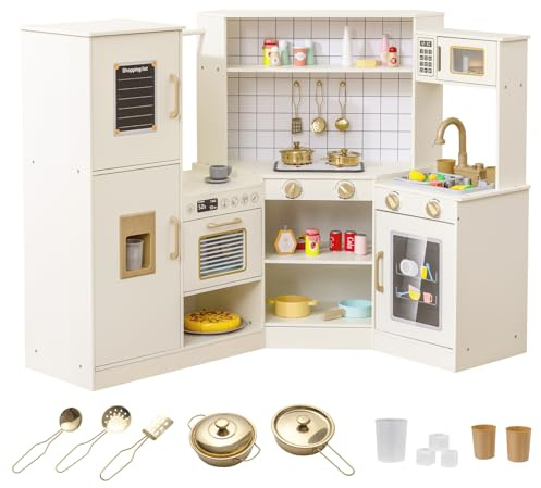 COSTWAY Cuisine Enfant avec Distributeur de Glace, Lumières et Sons Réels, Jeu de Cuisine avec Système de Circulation d'eau, Étagères, Tableau Noir et 11 Accessoires, Jeu d'Imitation pour 3 Ans+