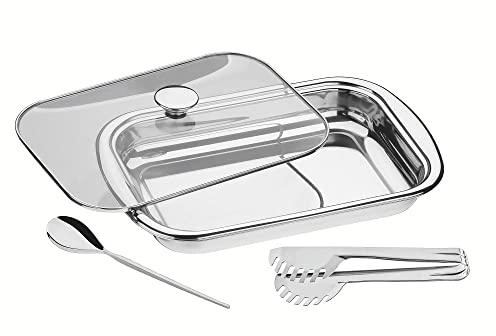 Plat avec couvercle en verre et couverts de service en acier inoxydable 38 x 25 cm