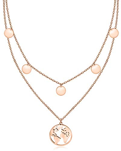 LENIRA® Weltkugel Plättchen Halskette - zarte 5 Coin Welt Kombination für Damen aus Edelstahl mit Gold und Roségold überzogen Kettenlänge verstellbar 40-45 cm (Roségold)