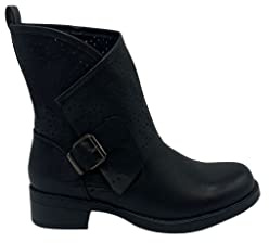 FASHION MODA Stivali Primaverili Estivi da Donna Traforati Biker Motociclista Moda Nero Nuovi Primavera Estate Nero Beige Fibbia Tacco Basso Comodi G630 (Nero, Numeric_40)