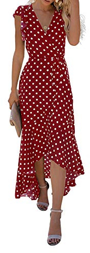 GRECERELLE Womens Summer Maxi Dress Boho Floral Cocktail Polka Dot Wrap Dresses V Neck Casual Party Bohemian Flowy Long Dress for Ladies (Polka Dots-Wine Red, L)