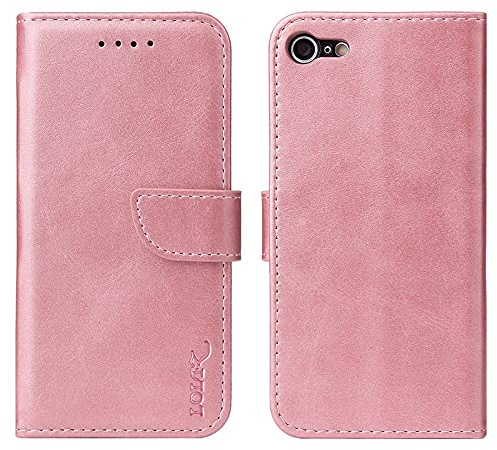 LOLFZ Wallet Case for iPhone 7/8/SE 2020/SE 2022, Vintage Leather Book Case with Card Holder Kickstand Magnetic Closure Flip Case Cover - Rose Gold