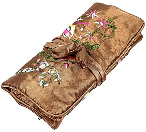 KYEYGWO Pochette Rouleau à Bijoux pour Voyage, Broderie Chinoise Organisateur de Bijoux pour Rangement de Bracelet Collier Bague, Brun