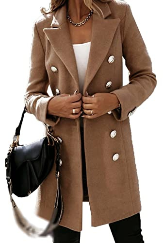 WJANYHN Autumn and Winter Leisure Exquisite Fashion Long-Sleeved Suit Collar Double-Breasted Nizi Jacket Windbreaker Coat Women Khaki, M