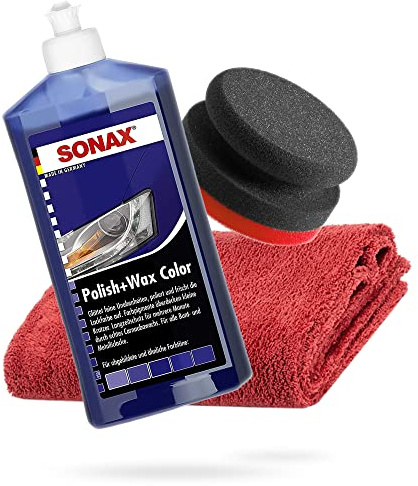 detailmate SONAX Handpoleringspaket – SONAX Polish + Wax Color blå 500 ml handpoleringssvamp hård Ø 90/50 mm Edgeless mikrofiber polerduk 550GSM röd