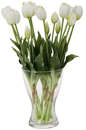 cn-Knight 20 fiori di tulipani artificiali, 40 cm, con foglie finte, tulipani finti e boccioli per decorazione della casa, centrotavola ornamento bouquet da sposa, bianco