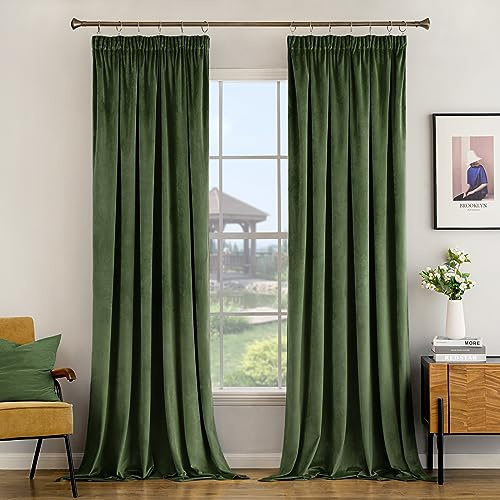 Woaboy Pencil Pleat Velvet Green Curtains W66 x L90 for Living Room Luxury Soft Drapes for Bedroom Window Treatment for Thermal Insulated & Room Darkening Olive Green, 2 Panels