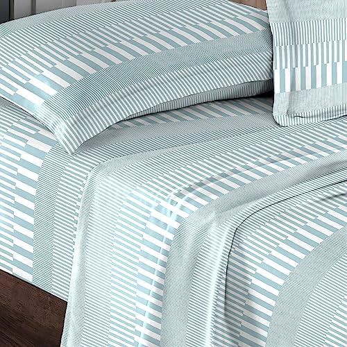 Pizuna 100% Cotton Blue Print Double Bed Sheet Set 400 Thread Count | Cascade Stripe Long Staple Printed Bedding Includes 1 Fitted Sheet 2 Pillowcases