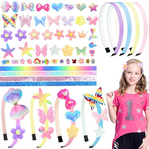 Yoirzit Kit De Fabrication De Bandeaux pour Filles, Serre-Tête Bricolage, Cadeaux pour Filles, Kit De Bricolage pour Cheveux, Jouet pour Filles De 4-12 Ans (50 Accessoires)