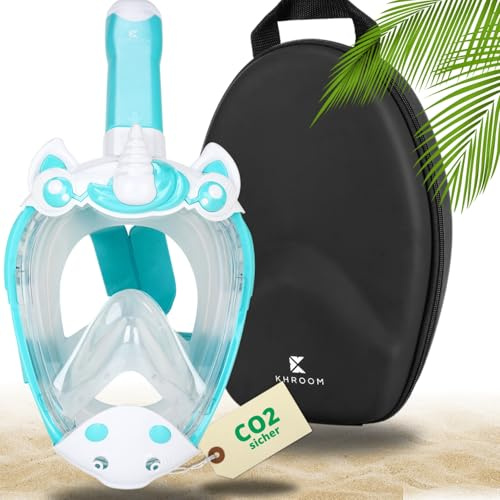 Khroom CO₂-säker snorkelmask för barn från 3 år | Helmask för snorkling med haj- och enhörningsdesign | Läckagesäker | Lätt att andas | Simutrustning | Semesterfavorit (mini grön + mjukt fodral)