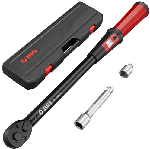 VANPO Clé Dynamométrique 80-400 Nm,1/2 Clé Dynamométrique avec Fenêtre de visualisation, Précision ±3%, Clef Dynamometrique avec 125mm Barre d'extension, Adaptateur 1/2 à 3/8 pour Auto & LKW