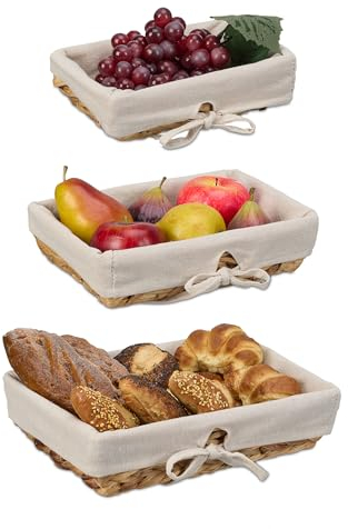 Relaxdays Brotkorb, 3er Set, versch. Größen, geflochten, mit Stoffeinsatz, skandinavischer Frühstückskorb, natur/creme