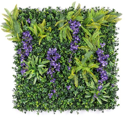 Artificial Living Wall Panels 1m x 1m, Green Plant Foliage Hanging Wisteria, Indoor Outdoor, Home Garden Decoration, Privacy Hedge Fence Screening, UV Stabilised, Waterproof, Natural Look (Purple x1)