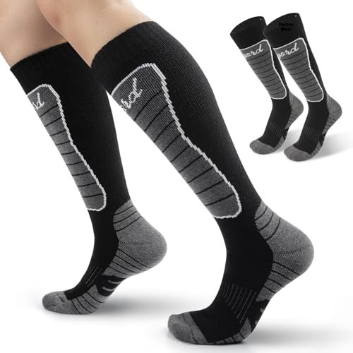 Funyord 2 Paar Skisocken Herren aus Merinowolle, Kniestrümpfe, Dicke Thermosocken, Kompressionssocken für Kaltes Wetter, Schnee, Skifahren (Stil 1, XL, 43-46)