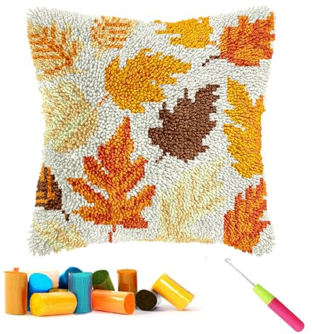 CCWORAN Autumn Latch Hook Kits for Adults Beginners Kids Cushion Cover Making Crochet Craft Kits Pre Printed Canvas Wool Yarn Hobbies DIY Sofa Home Decor Women Gift Maple Leaves 2
