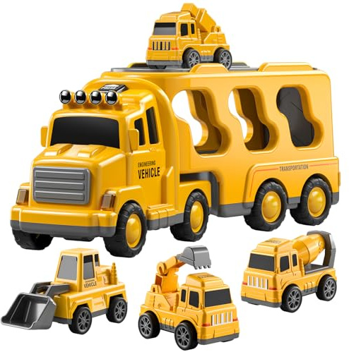 TEMI 5-in-1 Construction Truck Toys for Boys and Girls Age 2 3 4 5 - Toddlers Friction Power Vehicles Car Include Excavator, Crane, Bulldozer - Christmas and Birthday Gifts