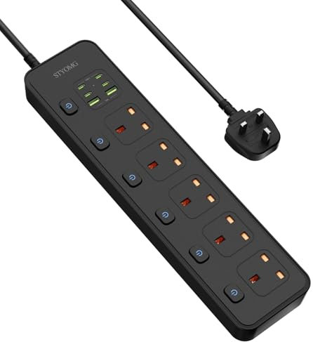SIYOMG Extension Lead with USB Slots, 5 Way Plug Extension Socket with Individual Switches, 2 USB Ports and 4 USB-C Ports, 1.8 Extension Cable with Switches, UK Multi Plug Power Strip Extension Cord