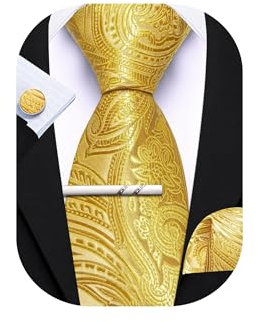 Barry.Wang Paisley-Krawatte mit Krawattenklammer für Herren, Seidenkrawatte, Einstecktuch, Manschettenknöpfe, Set, formelle Hochzeit, Party, Business, gold, Einheitsgröße