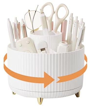 Rotating Desk Organiser, 360° Pen Holder for Stationary Cosmetics Make Up Brush Organiser with 5 Compartments, Pencil Pen Pots for Home, Office, and School