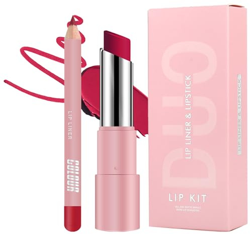 Rose Red Lipstick Lip Liner Set - Matte Pink Lipliner, Long Lasting & Waterproof Lipstick, Non-Fading, Highly Pigmented, Full-Coverage Lip Line Pencil Set - Gift For Women