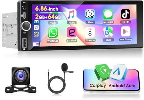 Motorsi 1 Din Android Autoradio avec A-pple Carplay Android Auto Compatible Dab+ OBD2 DSP Android 15 écran Tactile IPS 6,9 Pouces GPS Bluetooth WLAN EQ FM/RDS+AHD Caméra de Recul, Microphone