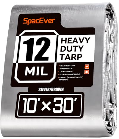 Spacever Tarp Heavy Duty 10x30 FT, 12 Mil Thick Large Tarps Water-Proof with Grommets, UV& Tear Resistant, Plastic Cover for Pool Roof Tent Outdoor Firewood, Silver& Brown
